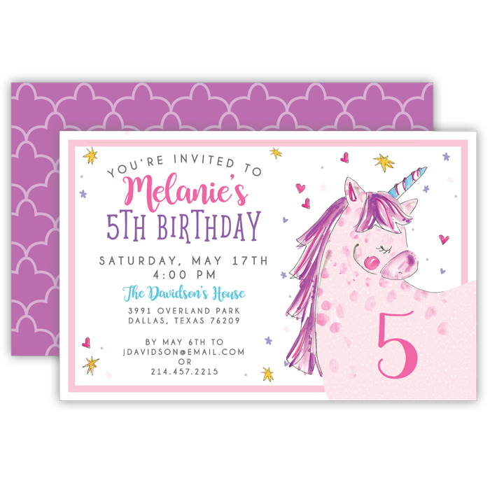 Kids unicorn birthday custom party invitations